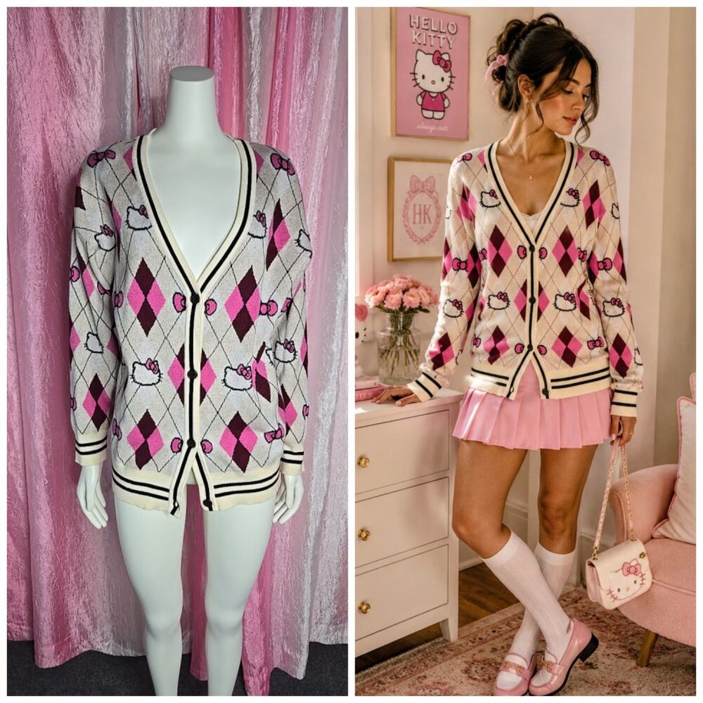 Hello Kitty X Forever 21 Beige Pink Argyle Preppy Academia Cardigan Size Small